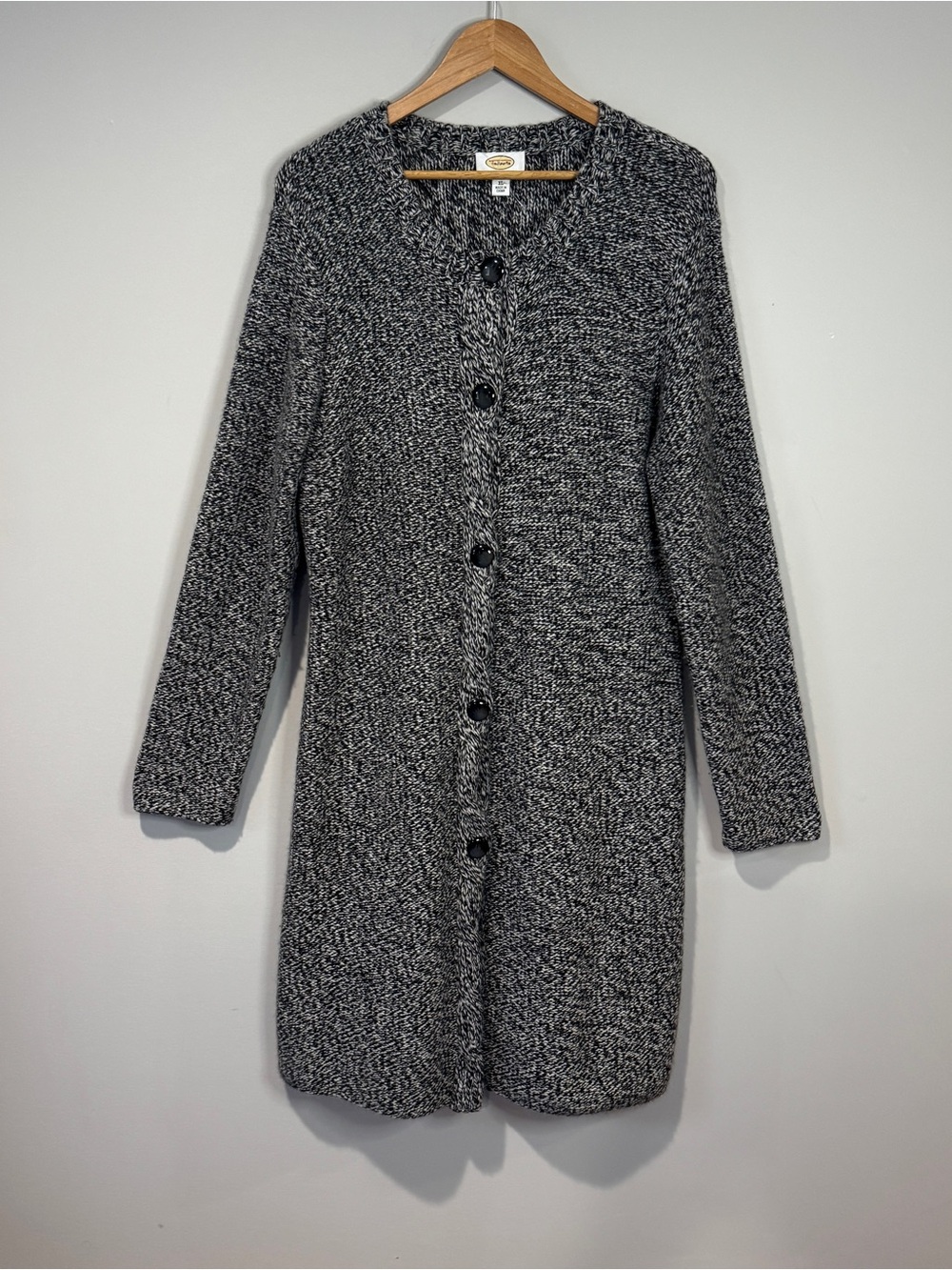Talbots Women's Black & White Marled Long Button Front Cardigan Wool Cashmere XL